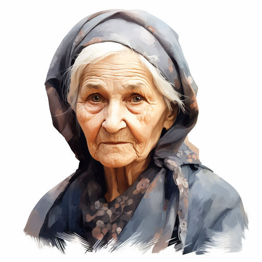 Elderly woman clipart in Oil painting style on white background