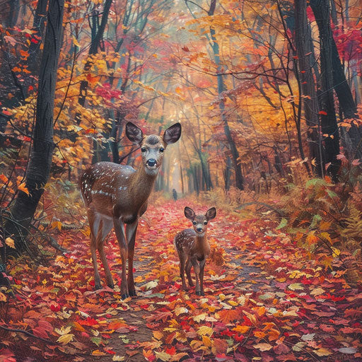 Yezo sika deer guiding fawn in autumn forest