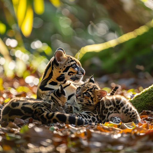 Playful Bornean clouded leopards and cubs in sunlight