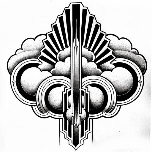 Art Deco cloud tattoo with streamlined shapes and symmetry on white