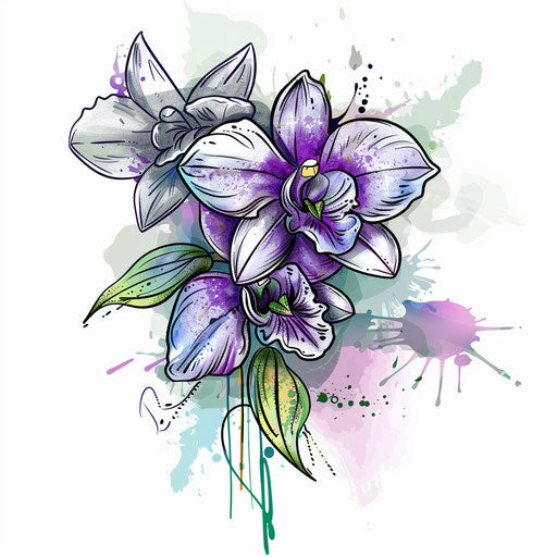 Sketch of Hawaiian tattoo with watercolor splashes