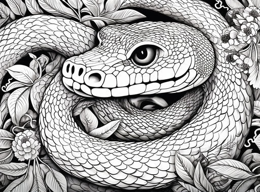 Coloring page of a snake in an exotic motif, natural style, monochrome ink 15:11