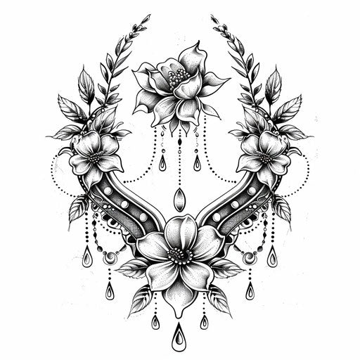 Elegant clipart style flat tattoo sketch of a horseshoe with delicate lace details