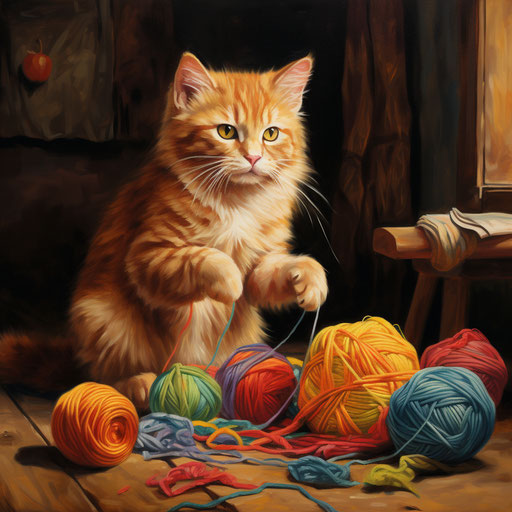 Manx cat playing with yarn
