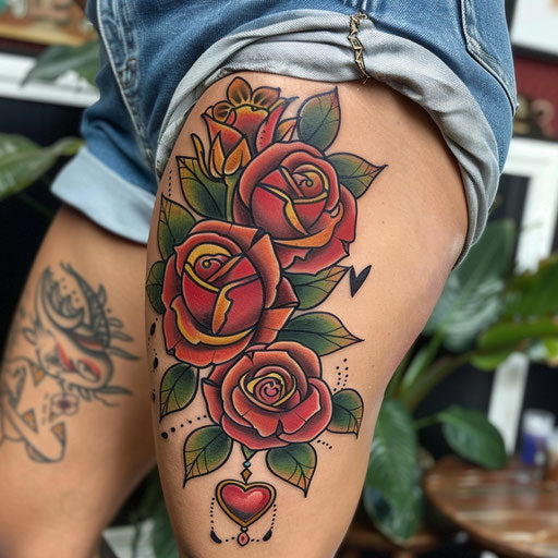 Thigh tattoo of traditional roses and hearts