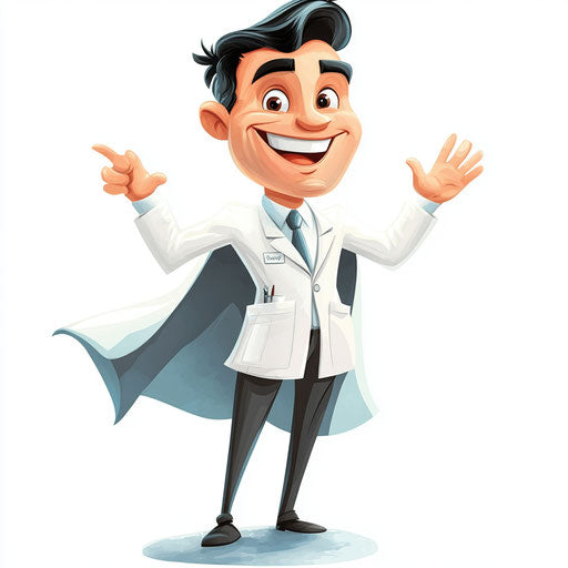 Humorous caricature of a dentist with exaggerated human characteristics