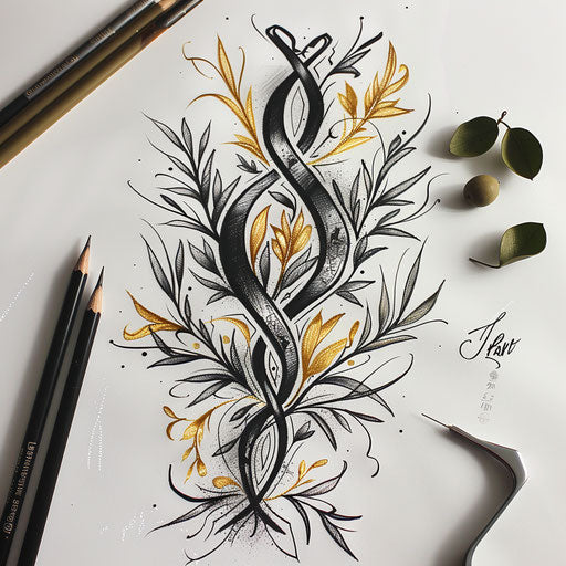Chi Rho symbol intertwined with olive branches, black and metallic gold ink tattoo design on white background