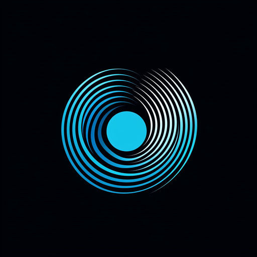 Elegant DJ logo design with abstract vinyl record wave symbol, modern typography, in blue and white on flat black background
