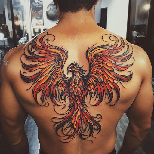 Fiery phoenix wings tattoo on back