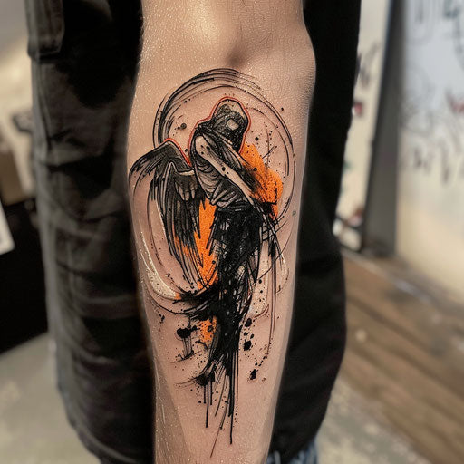 Contemporary sketch of the angel of death with abstract brush strokes, in black and rust orange