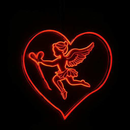 Lit, red silhouette of Cupid with heart and bow on black background