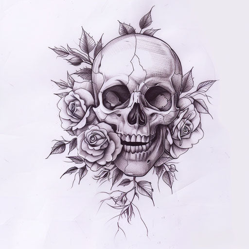 Skull surrounded by roses, high contrast on white background