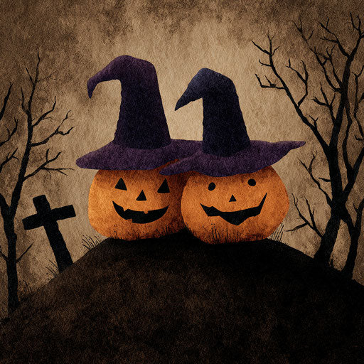 Friendly pumpkins in a spooky Halloween setting