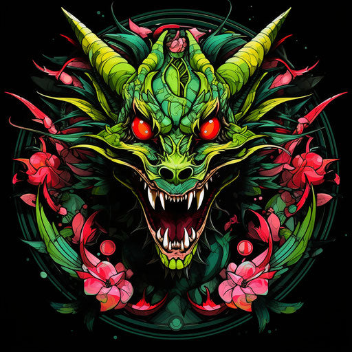 Green dragon with wings, traditional Japanese art style