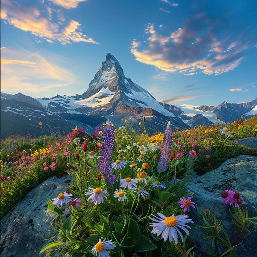 The Matterhorn with wildflowers in the foreground, in the style of Erez Marom