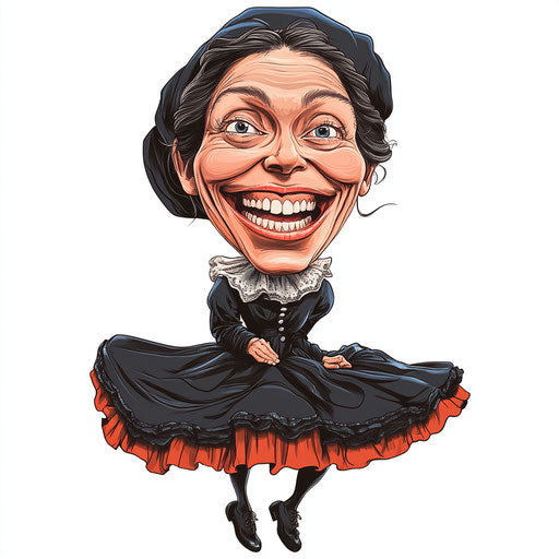 Humorous caricature of a Florence Nightingale clipart with exaggerated human characteristics, toothy teeth, big feet, floating in the air, vibrant colors, cartoon style, smiling, high resolution, no background, isolated