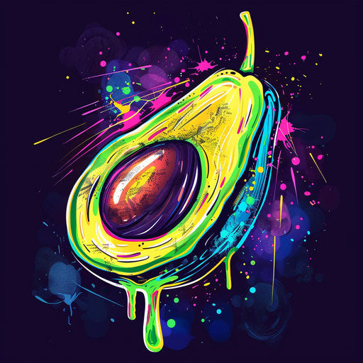 Dynamic flat sketch of an avocado with abstract neon splashes