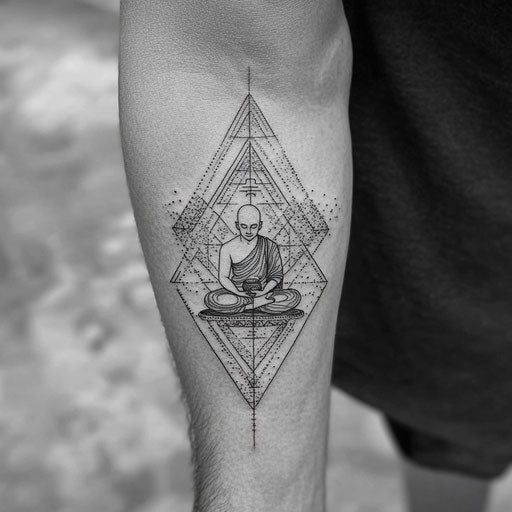 Sak yant tattoo with Buddhist monk and sacred geometry