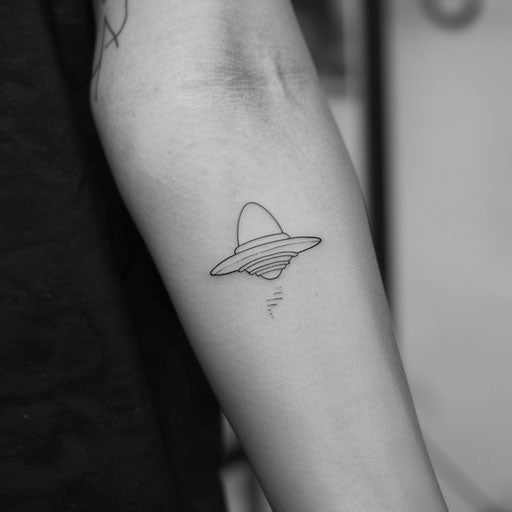 Minimalist UFO line art on white background