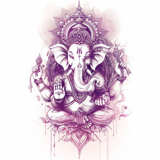 Ethereal tattoo sketch of Ganesha, clipart style with translucent overlays and shimmering effects