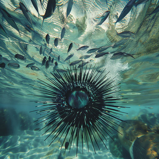 Sea urchin in clear waters with school of fish