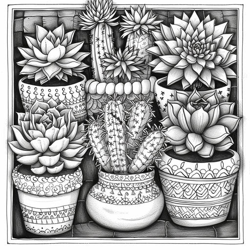 Array of succulent plants in terracotta pots with intricate designs. Coloring book page