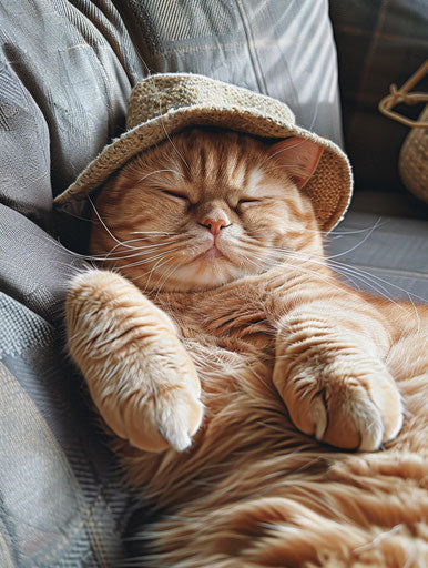Cat with red face wearing hat on couch