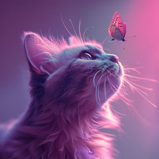 Cat with butterfly nipping, exaggerated facial features style, light purple, light gray and magenta