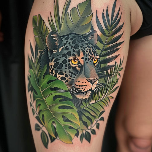 Vibrant panther jungle tattoo, green foliage on pure white