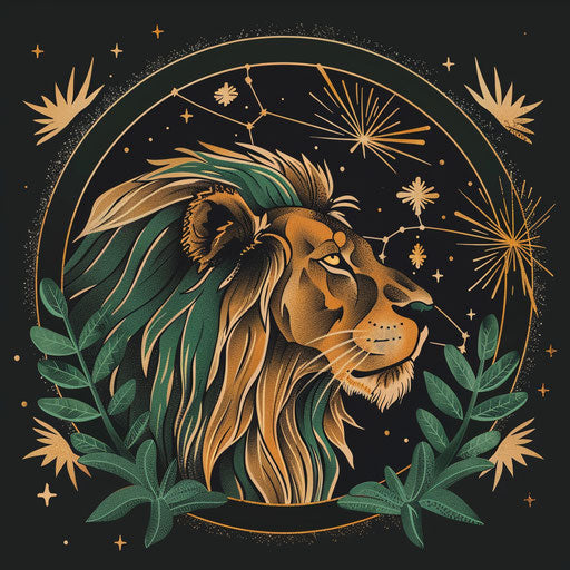 Lush tattoo sketch of Leo constellation in a flat clipart style with rich green and gold botanical motifs