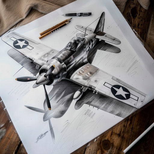 Artistic depiction of a vintage World War II fighter plane tattoo design, with detailed shadows, on white paper.
