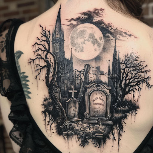 Eerie gothic cemetery scene tattoo