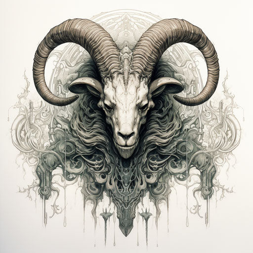 Ram head with long horns in gothic realism style