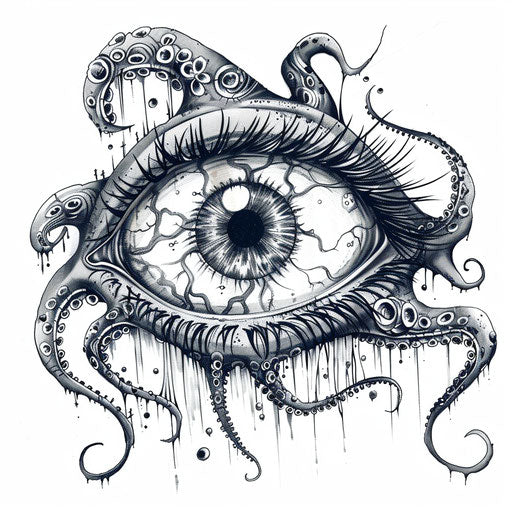 Grotesque monster eye with tentacles, horror tattoo concept on white background