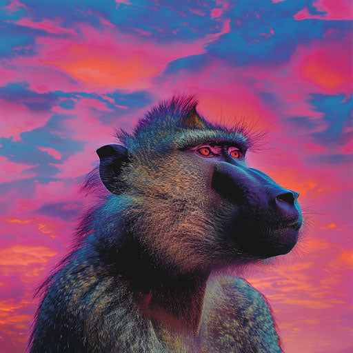 Baboon against a colorful sky, dynamic and vibrant