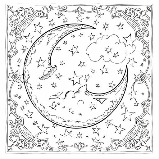 A peaceful Ramadan night with a crescent moon and stars. Coloring book page