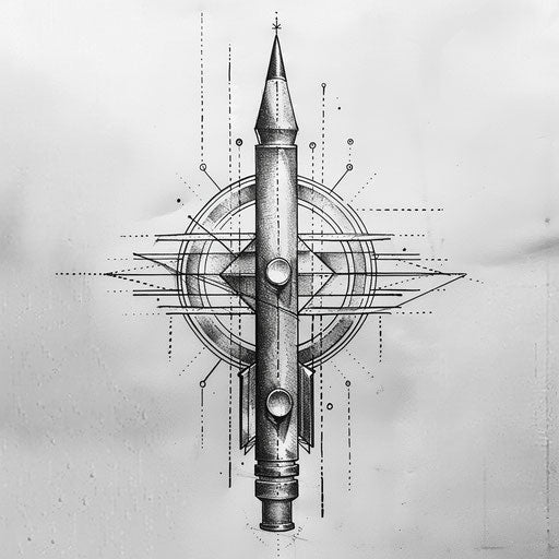 Contemporary flat tattoo sketch of a bullet with minimalist geometric elements