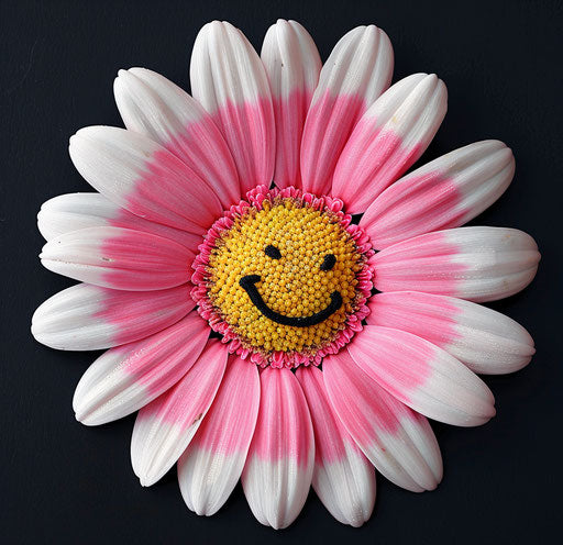 Pink and white smiley face flower clipart, black background 28:27