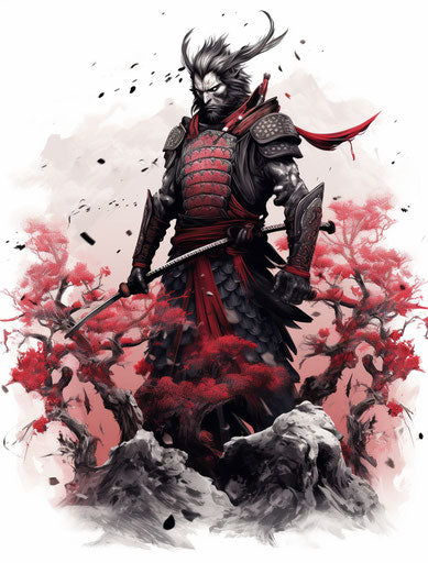 Samurai and Demon, Bird & Flower Style, Black & White Realism