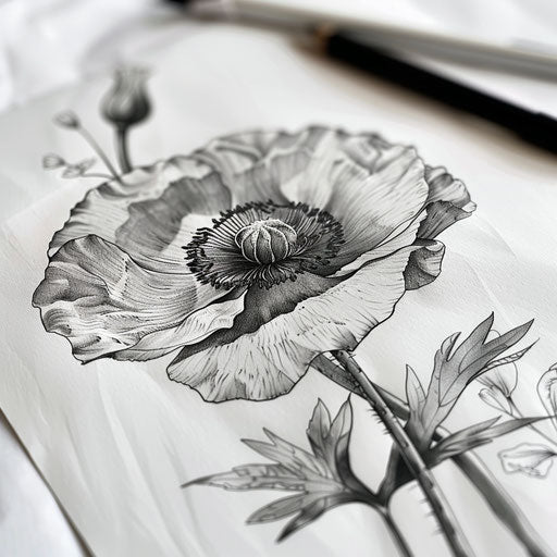 Realism poppy tattoo design in black and grey