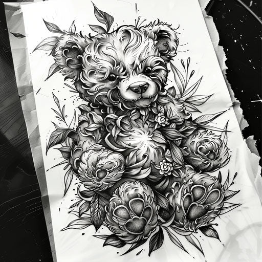 Detailed black and grey teddy bear tattoo design