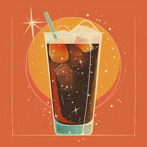Realistic soda clipart with flat random background, vintage filter, and delicate lines