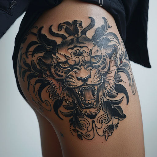 Thigh tattoo with fierce animal designs, Ami James style