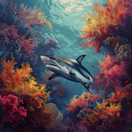 Bull shark swimming in a vibrant coral reef