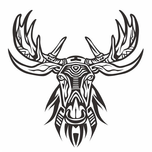 Stylized sketch of moose head with tribal markings