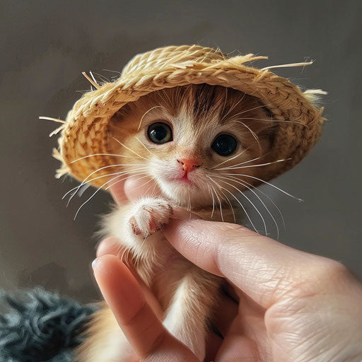 A kitten in straw hat held by white finger