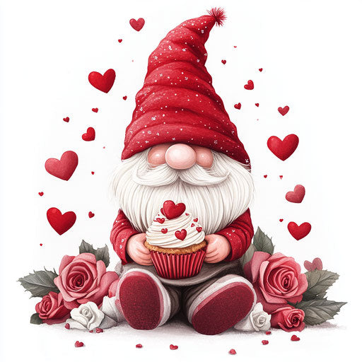 Valentine's Day gnome with red hat, holding cupcake surrounded by roses and hearts on white background. Cute clip art.