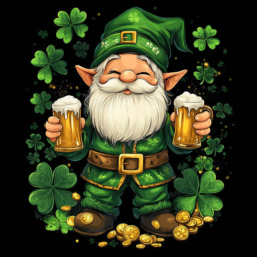 St. Patrick's Day, a cute gnome with a white beard holding two mugs of beer, surrounded by clovers and gold coins, in the style of a color pencil-style, cartoonish clipart on a black background.