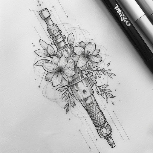 Elegant flat tattoo sketch of a piston intertwined with delicate floral patterns