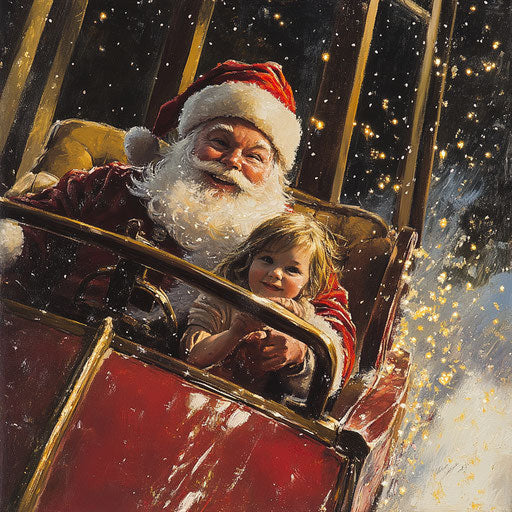 Santa Claus winking at a child peeking out of the window